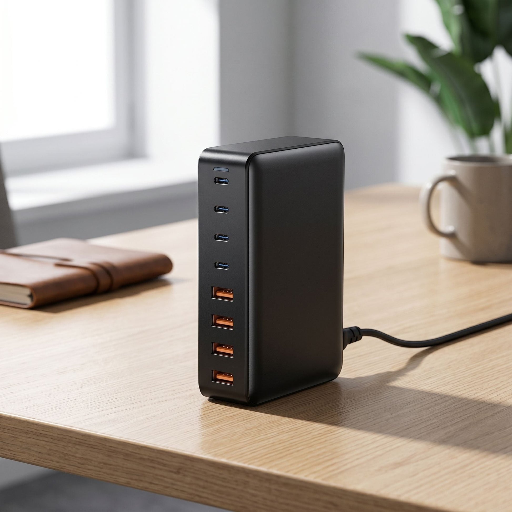 Sleek GaN desktop charging station with organized port layout, positioned on a contemporary home or office desk.