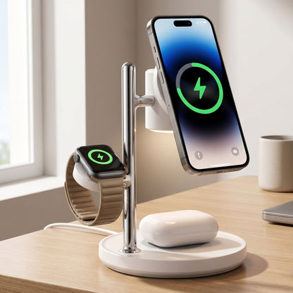 Modern 3-in-1 wireless charging station charging phone, smartwatch, earbuds with night lamp on minimalist desk.