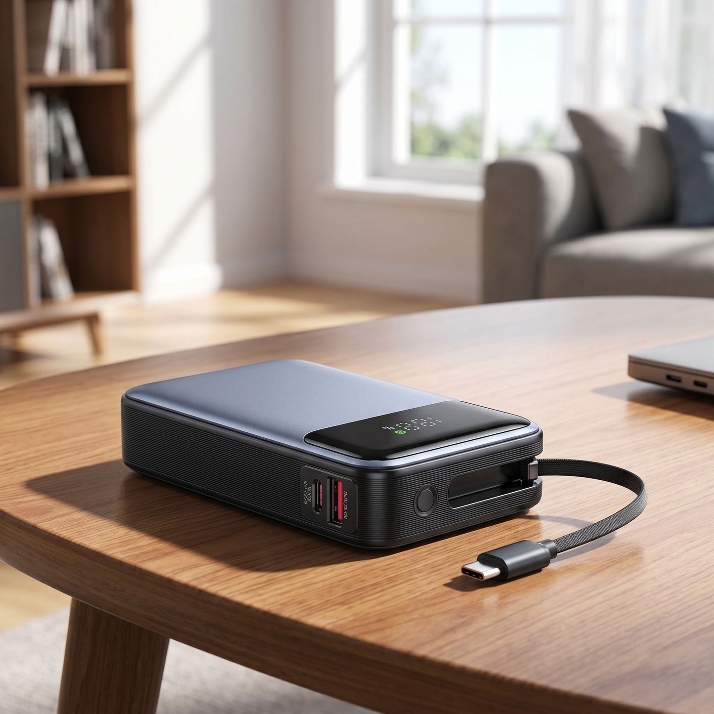 Lifestyle scene with portable 65W power bank on a wooden coffee table in a well-lit living room.