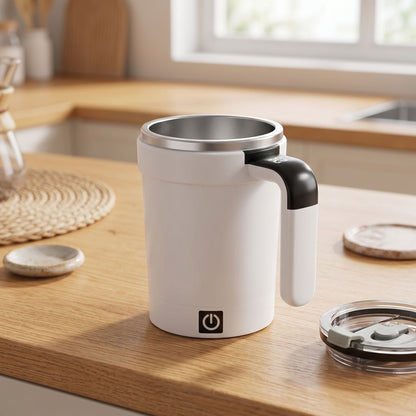 Detailed view of a self-stirring mug on a kitchen table, highlighting its design and portability for daily beverages.
