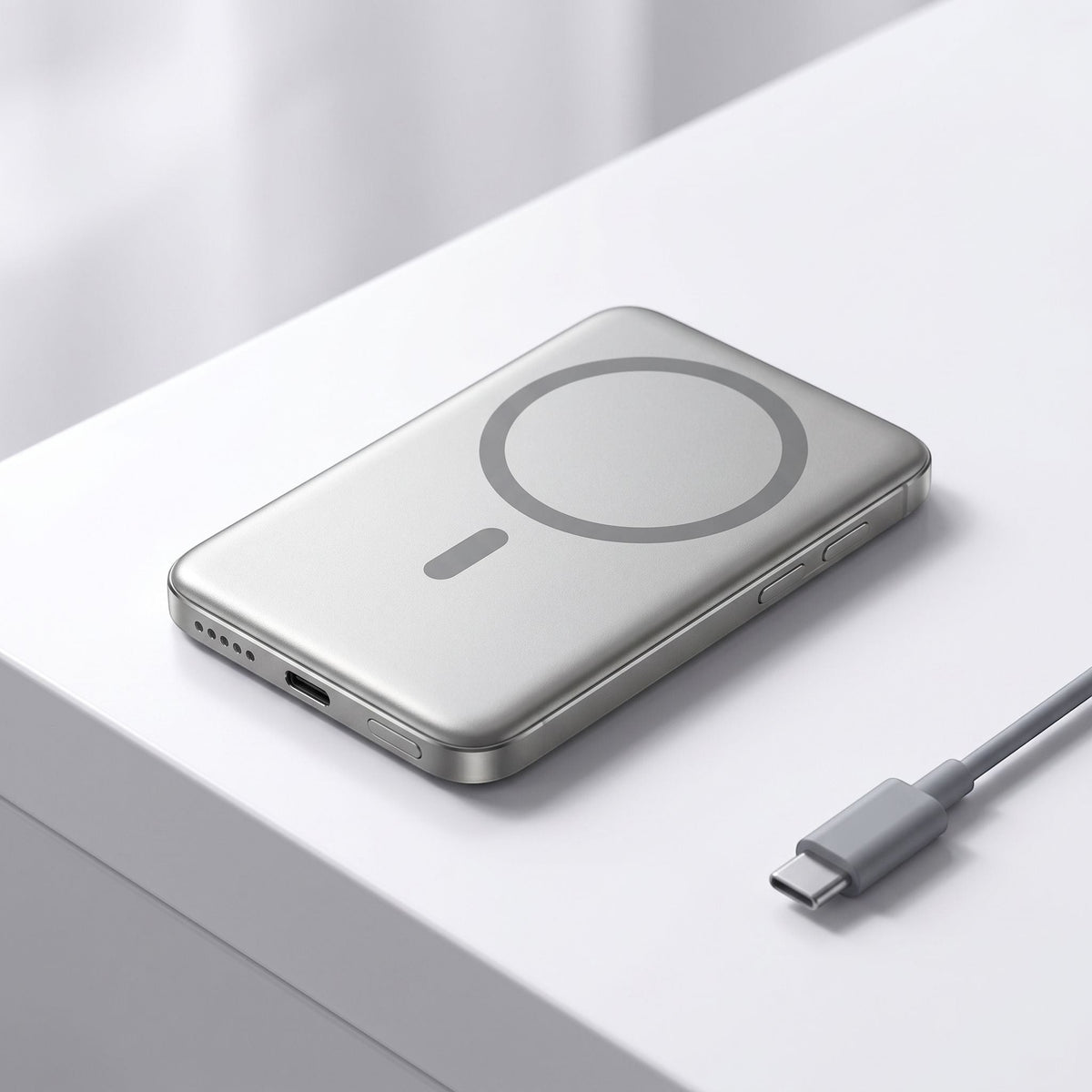 Realistic studio shot of a slim magnetic wireless power bank on a white surface, highlighting its shape and ports.