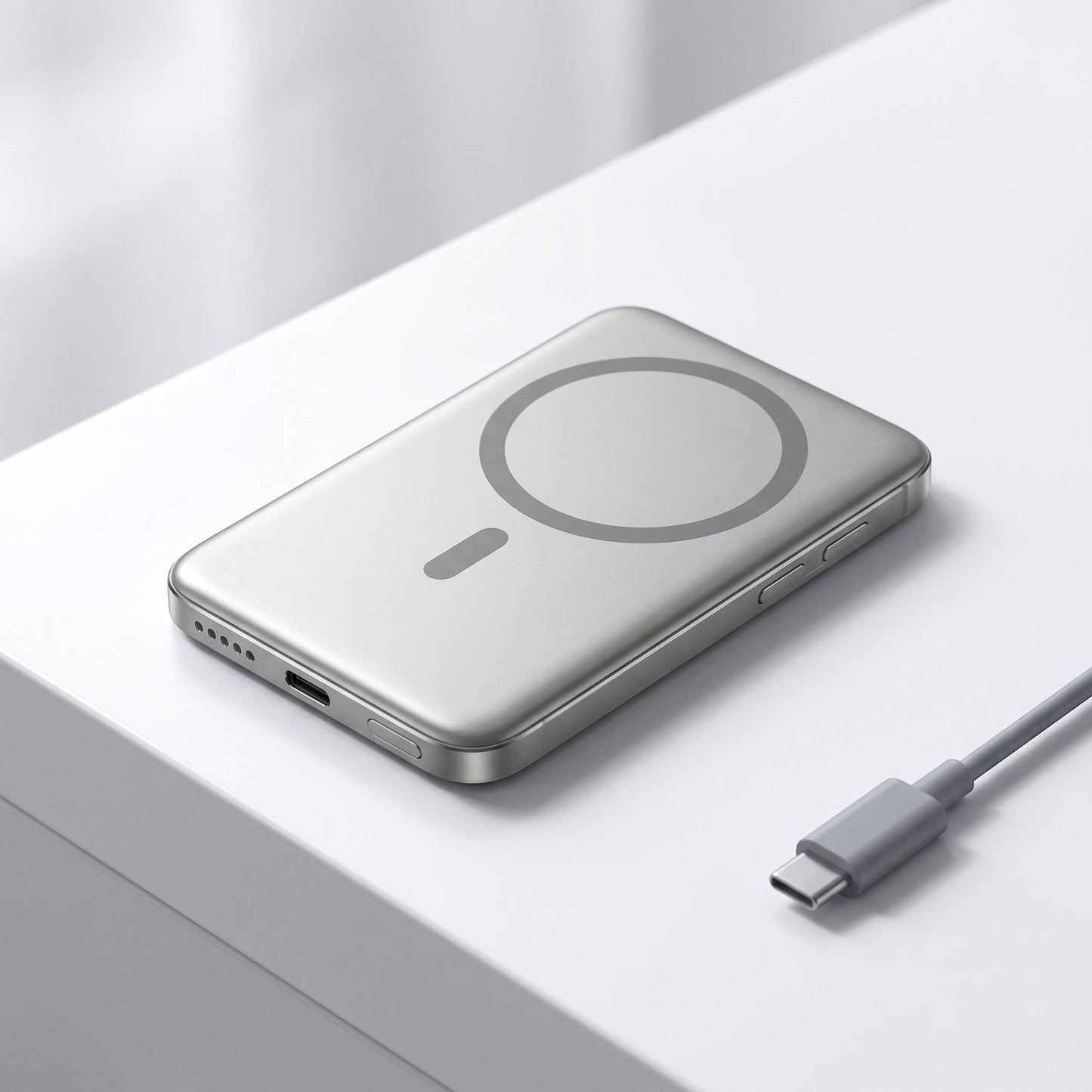 Realistic studio shot of a slim magnetic wireless power bank on a white surface, highlighting its shape and ports.