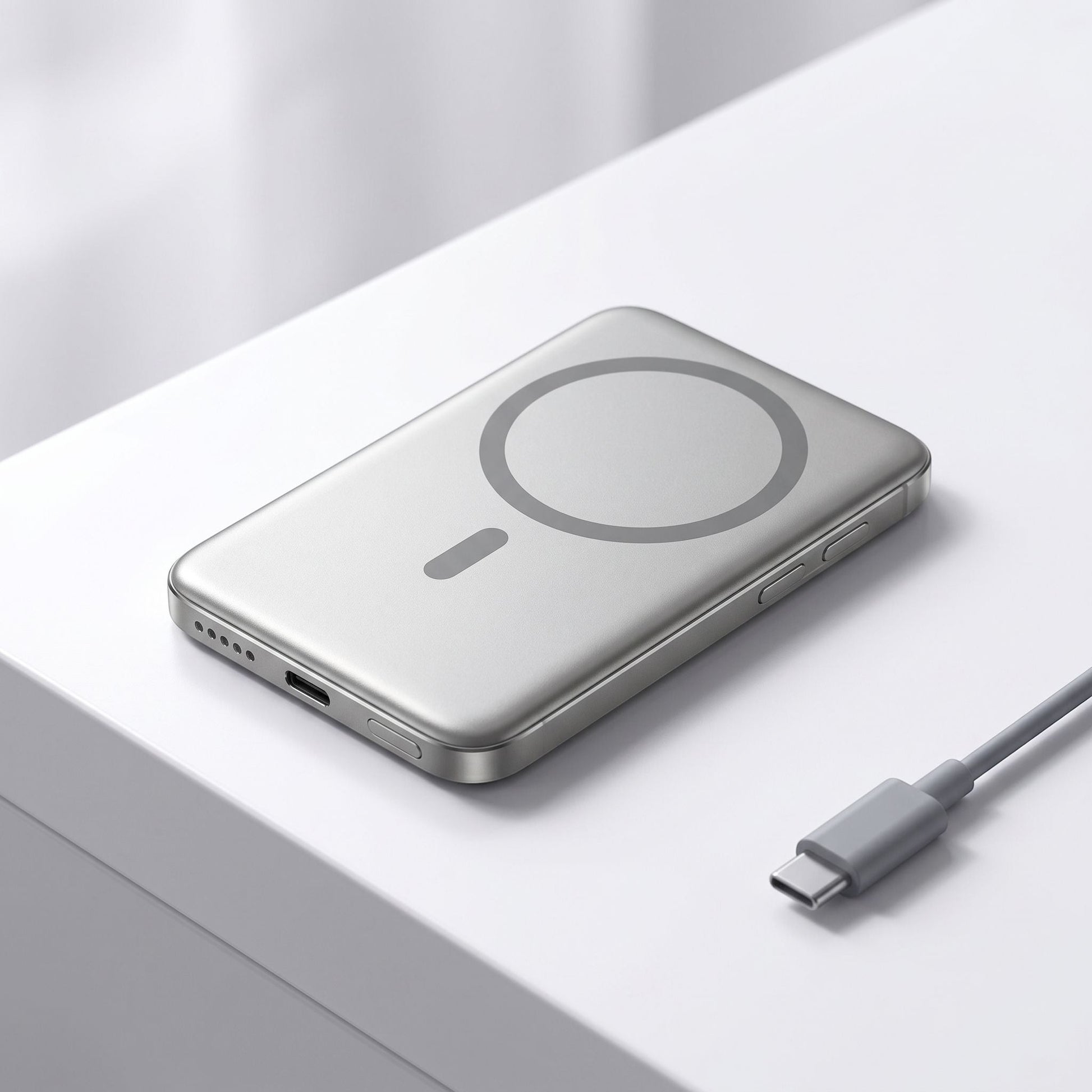 Realistic studio shot of a slim magnetic wireless power bank on a white surface, highlighting its shape and ports.