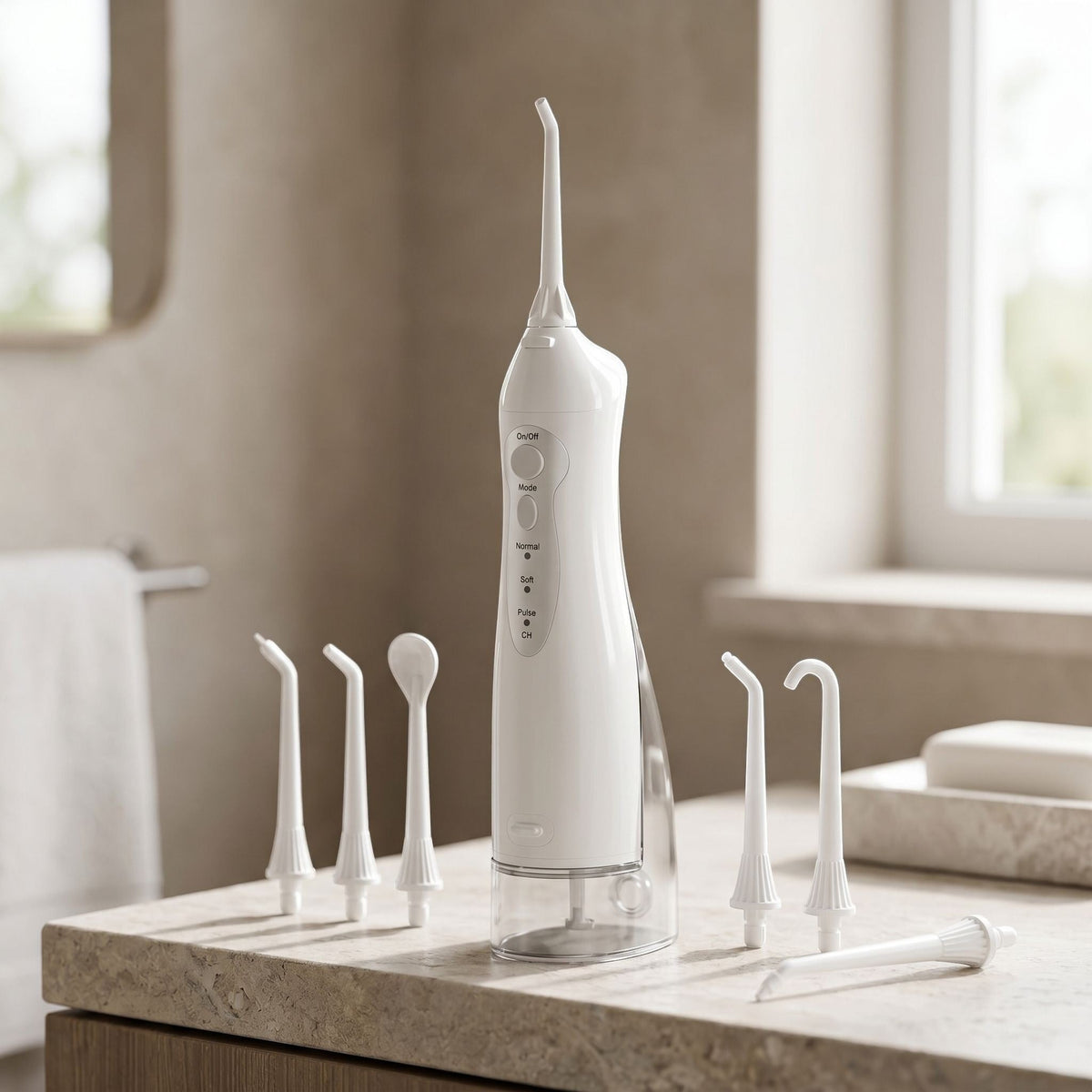 Compact cordless water flosser positioned on natural stone bathroom countertop, showcasing size and nozzle variety.