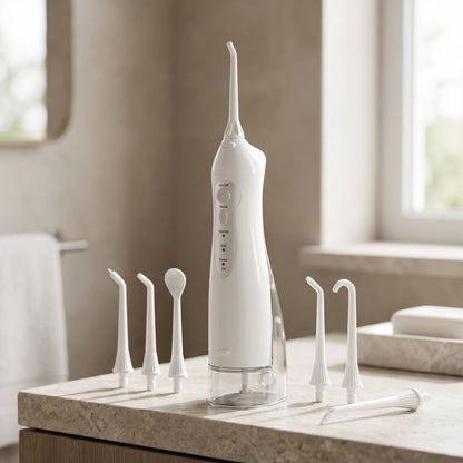 Compact cordless water flosser positioned on natural stone bathroom countertop, showcasing size and nozzle variety.