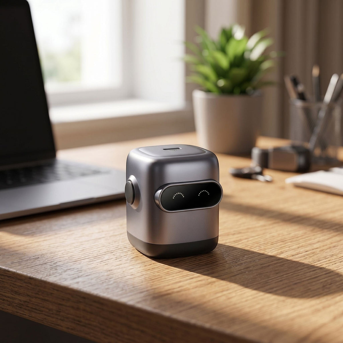 Unbranded 30W GaN USB-C charger positioned upright on a wooden desk in a cozy home office, with natural sunlight and blurred laptop and plant in background.