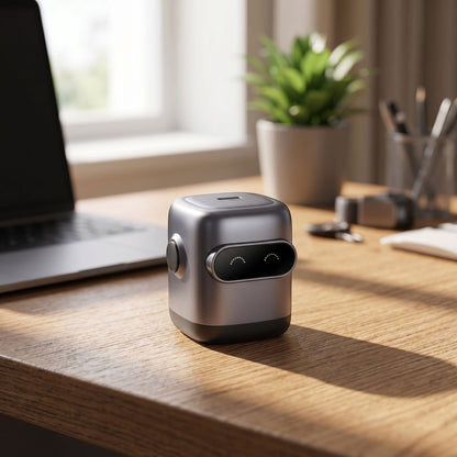 Unbranded 30W GaN USB-C charger positioned upright on a wooden desk in a cozy home office, with natural sunlight and blurred laptop and plant in background.
