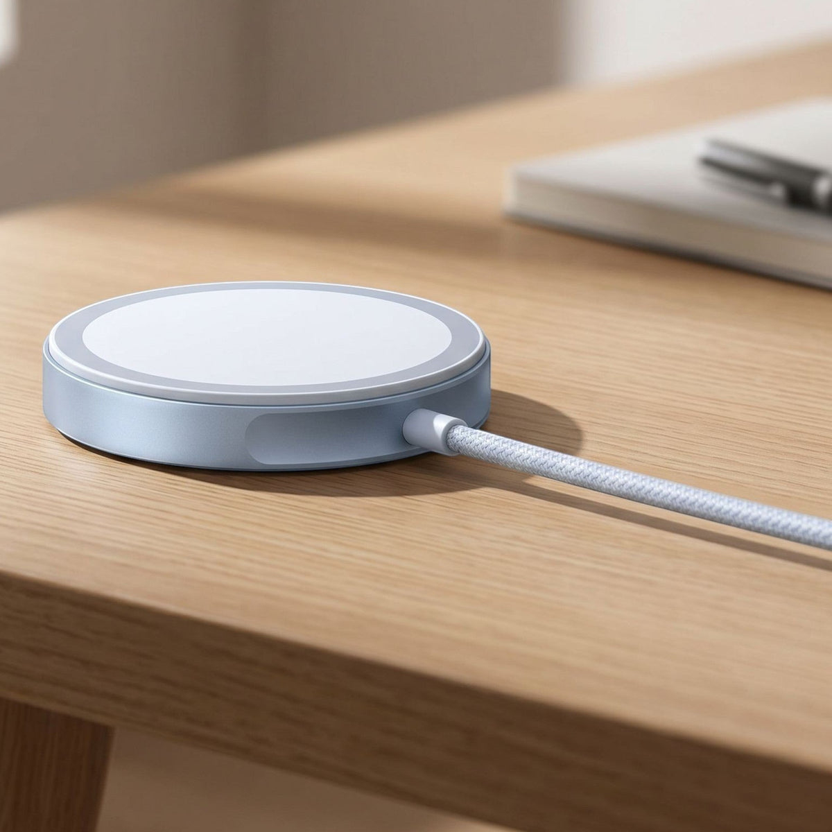 Compact unbranded magnetic wireless charger on a modern wooden desk with natural daylight highlighting sleek design and subtle texture.