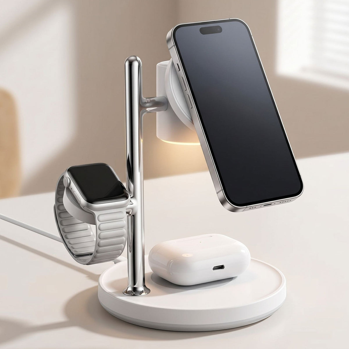 Close-up of 3-in-1 wireless charging station highlighting magnetic charging areas and touch lamp.
