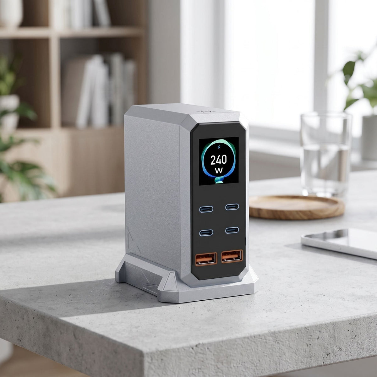 Realistic studio scene of unbranded 240W GaN desktop charger on a neutral-toned desk, emphasizing sleek design, ports, display, and ambient lighting.
