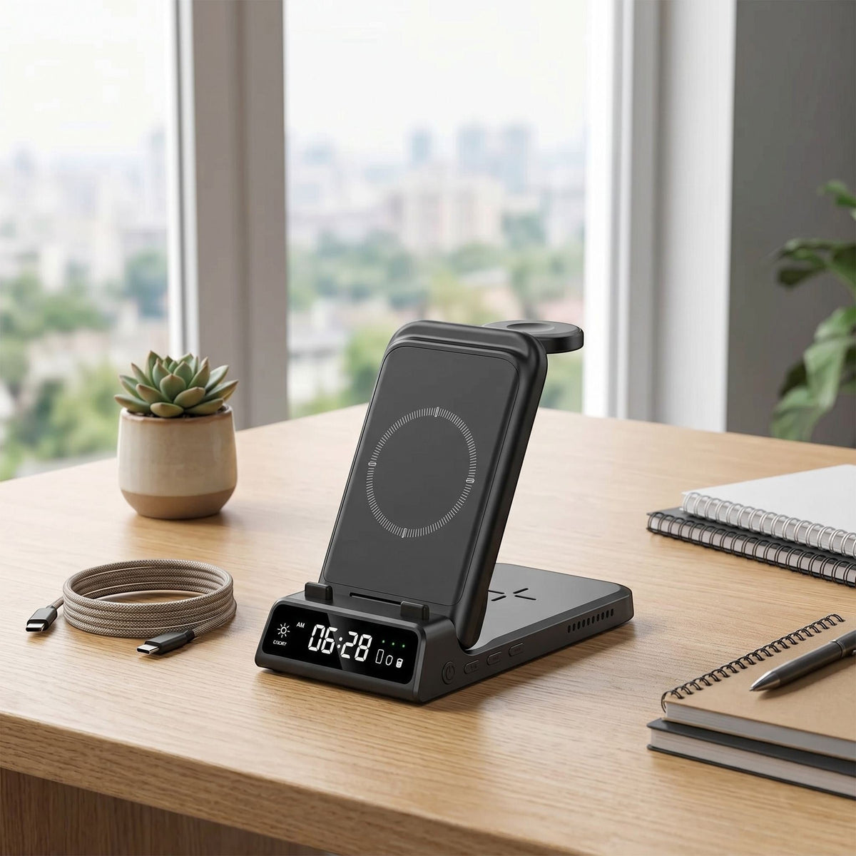Professional shot of a 3-in-1 wireless charging station in a stylish office environment, highlighting ports, digital clock, and textured surface with natural light and neutral background.