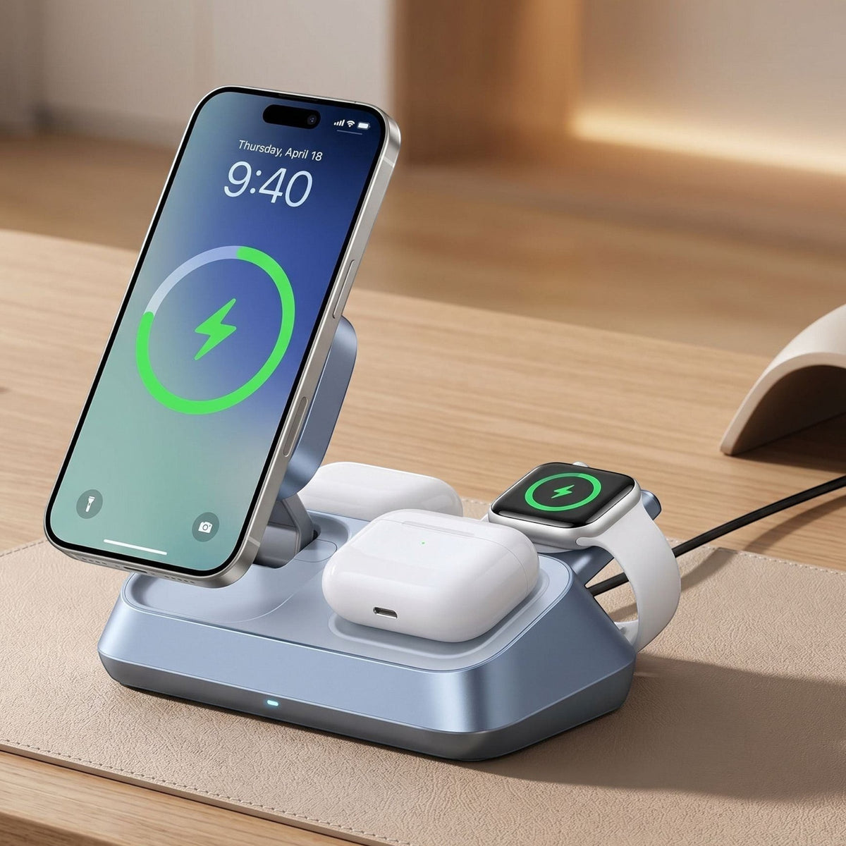 Close-up of unbranded 3-in-1 wireless charging stand highlighting magnetic areas and foldable hinge on a modern workspace.