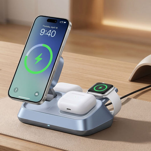 Close-up of unbranded 3-in-1 wireless charging stand highlighting magnetic areas and foldable hinge on a modern workspace.