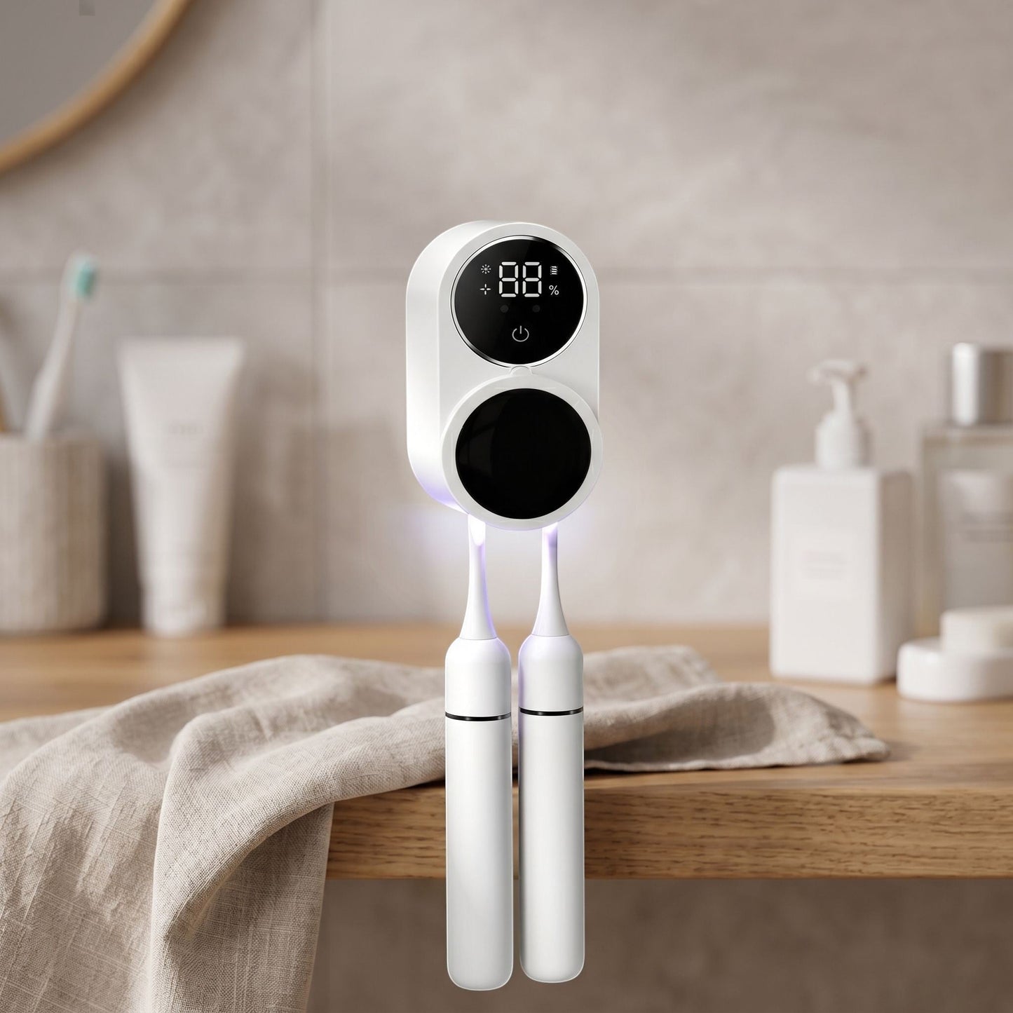 Side view of compact toothbrush sterilizer with LED display on a bathroom shelf, shown with a fabric towel underneath in a realistic setting.