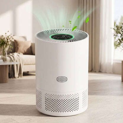 Close-up of air purifier's top touch controls with cozy living room in background.