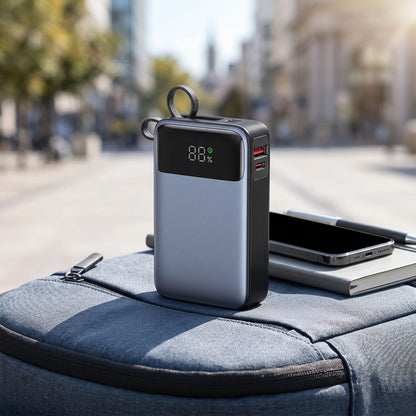 Travel-friendly 65W power bank placed on a backpack in an outdoor urban setting with natural light.