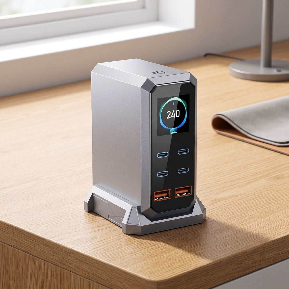 Unbranded 240W GaN desktop charging station on a clean modern desk with ambient lighting, showing ports and display for organized device charging.