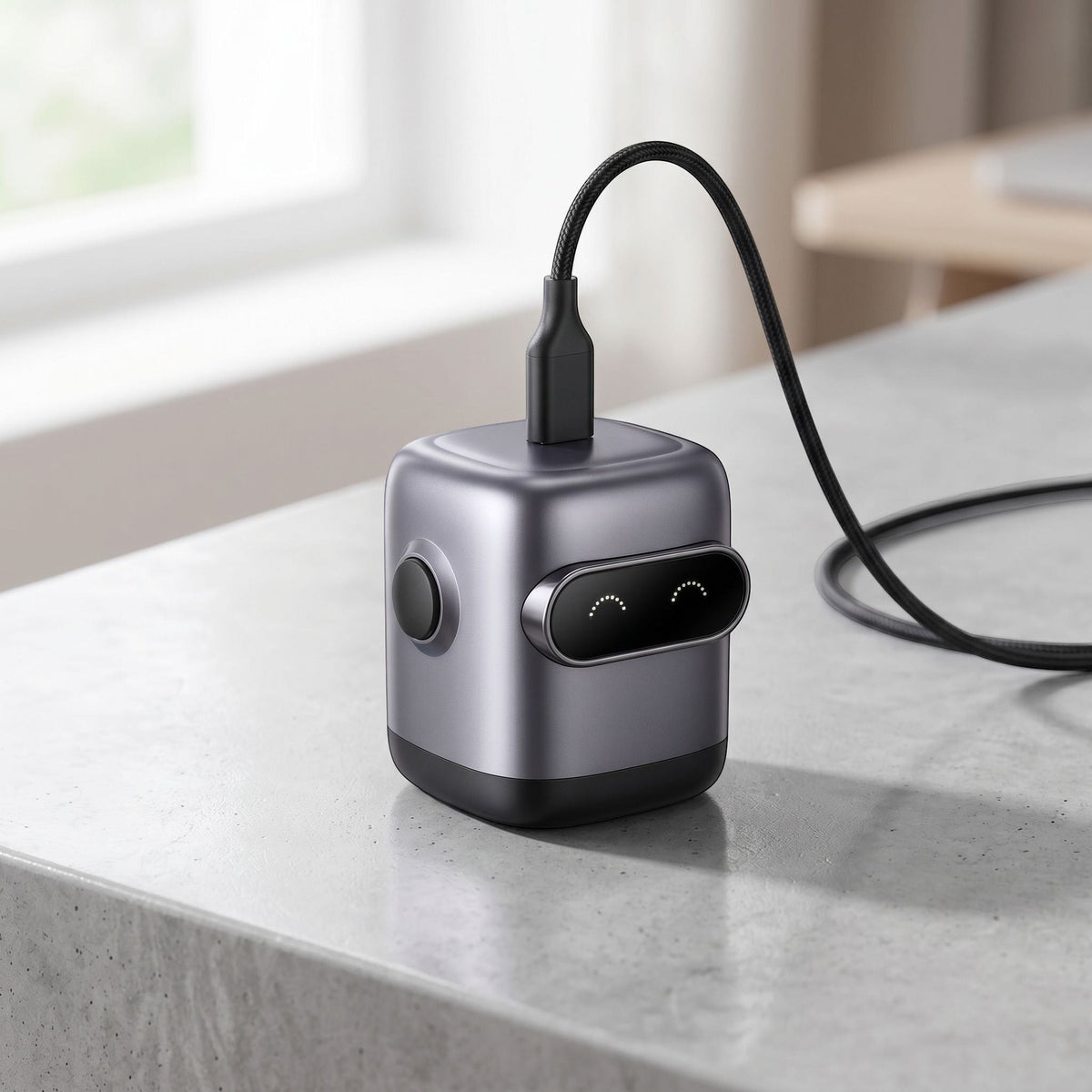 Unbranded 30W GaN USB-C fast charger shown on a sleek neutral surface with natural lighting, highlighting its compact rectangular shape and Type-C port.