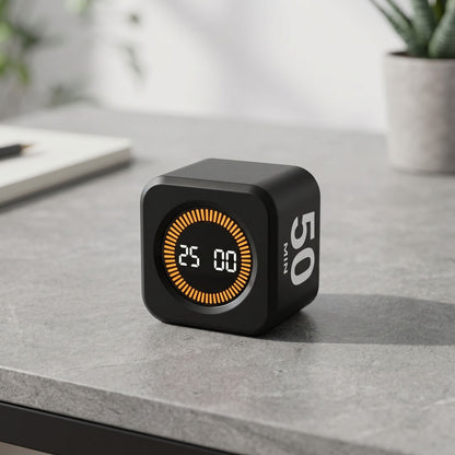 Small minimalist unbranded digital timer with LCD display on modern studio tabletop, natural lighting, sharp focus.