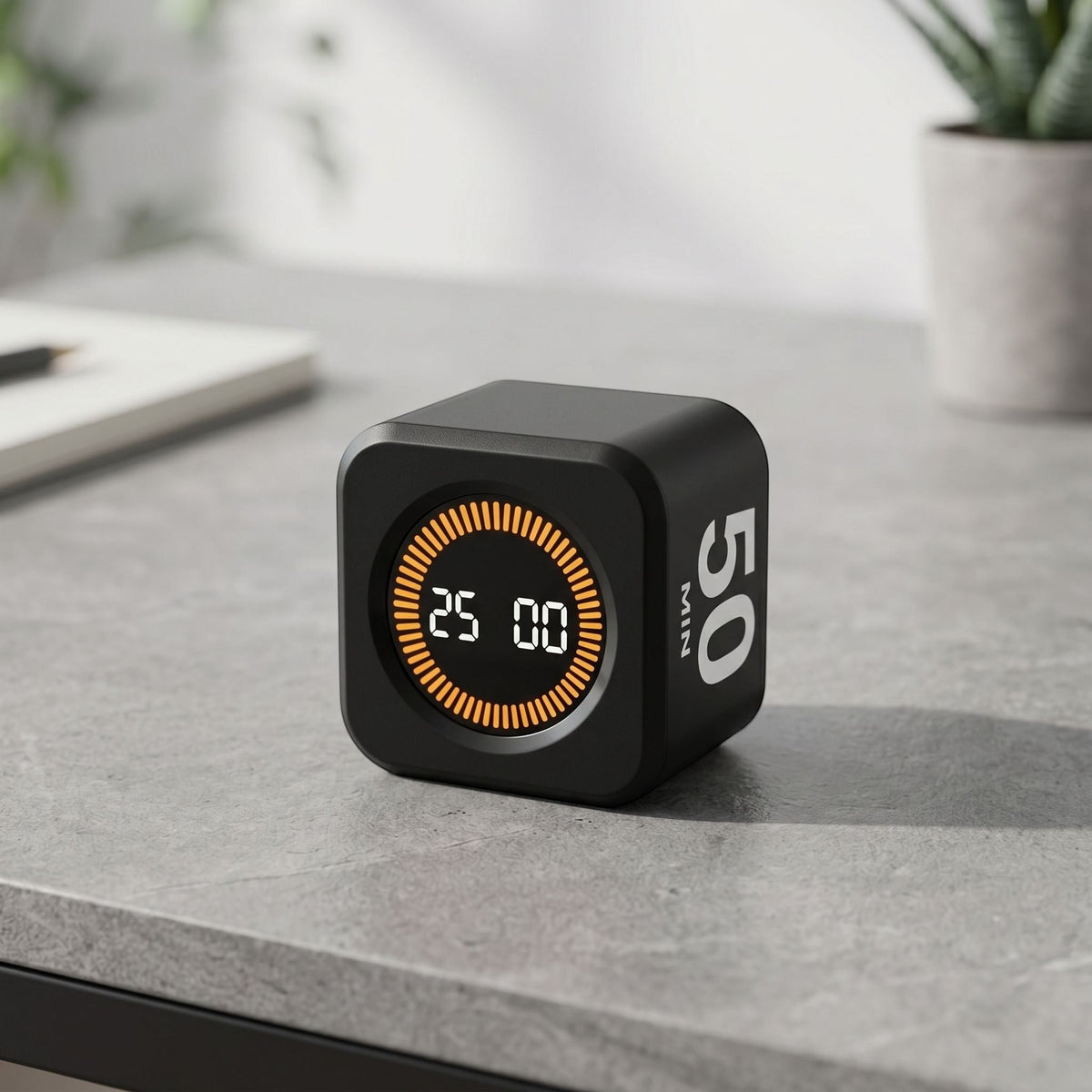 Small minimalist unbranded digital timer with LCD display on modern studio tabletop, natural lighting, sharp focus.