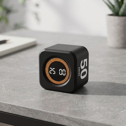 Small minimalist unbranded digital timer with LCD display on modern studio tabletop, natural lighting, sharp focus.