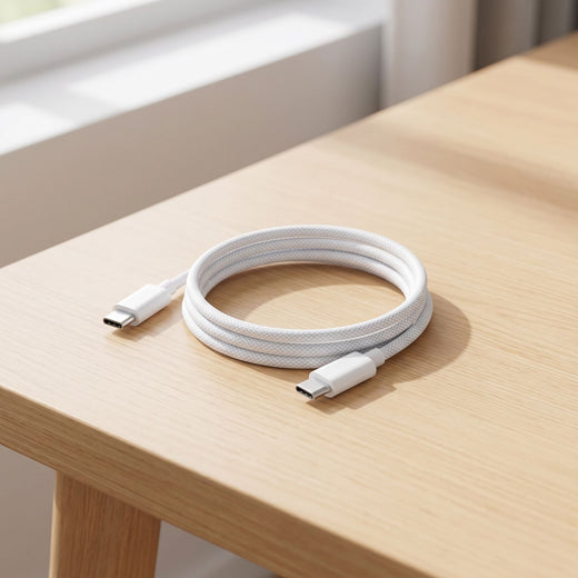Full-length view of a durable 1-meter unbranded USB-C cable coiled on a wooden desk in a modern workspace.