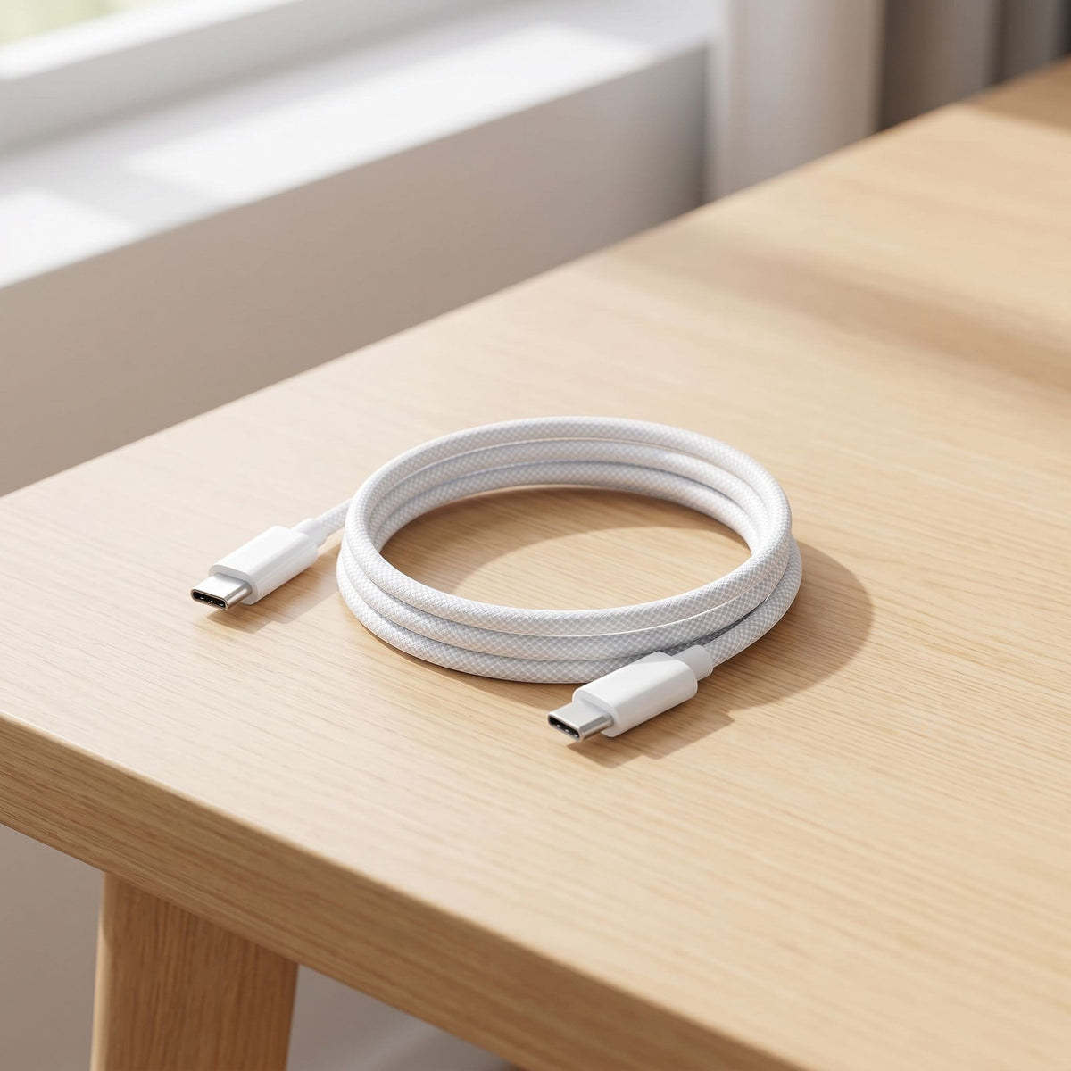 Full-length view of a durable 1-meter unbranded USB-C cable coiled on a wooden desk in a modern workspace.