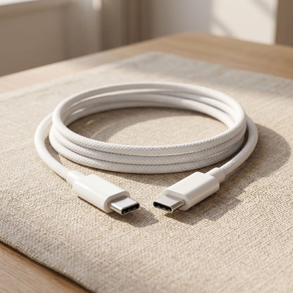 Realistic image of a 2-meter unbranded USB-C to USB-C cable laid on textured fabric in a casual setting.