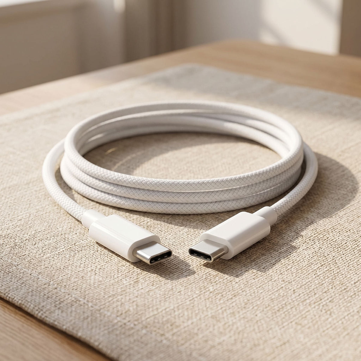 Realistic image of a 2-meter unbranded USB-C to USB-C cable laid on textured fabric in a casual setting.