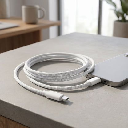 Close-up of a 60W unbranded nylon braided USB-C to USB-C fast charging cable with precise connector details.