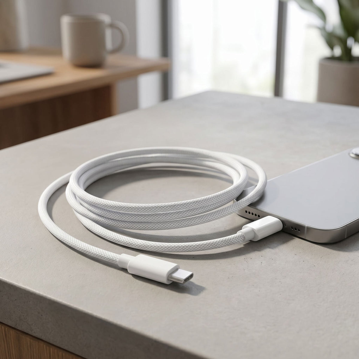Close-up of a 60W unbranded nylon braided USB-C to USB-C fast charging cable with precise connector details.