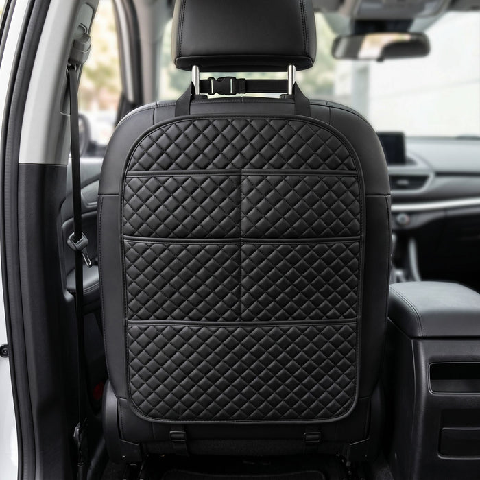 Compact car seat back organizer mounted on a vehicle seat, demonstrating its easy-to-use, versatile storage solution in a lifestyle setting.