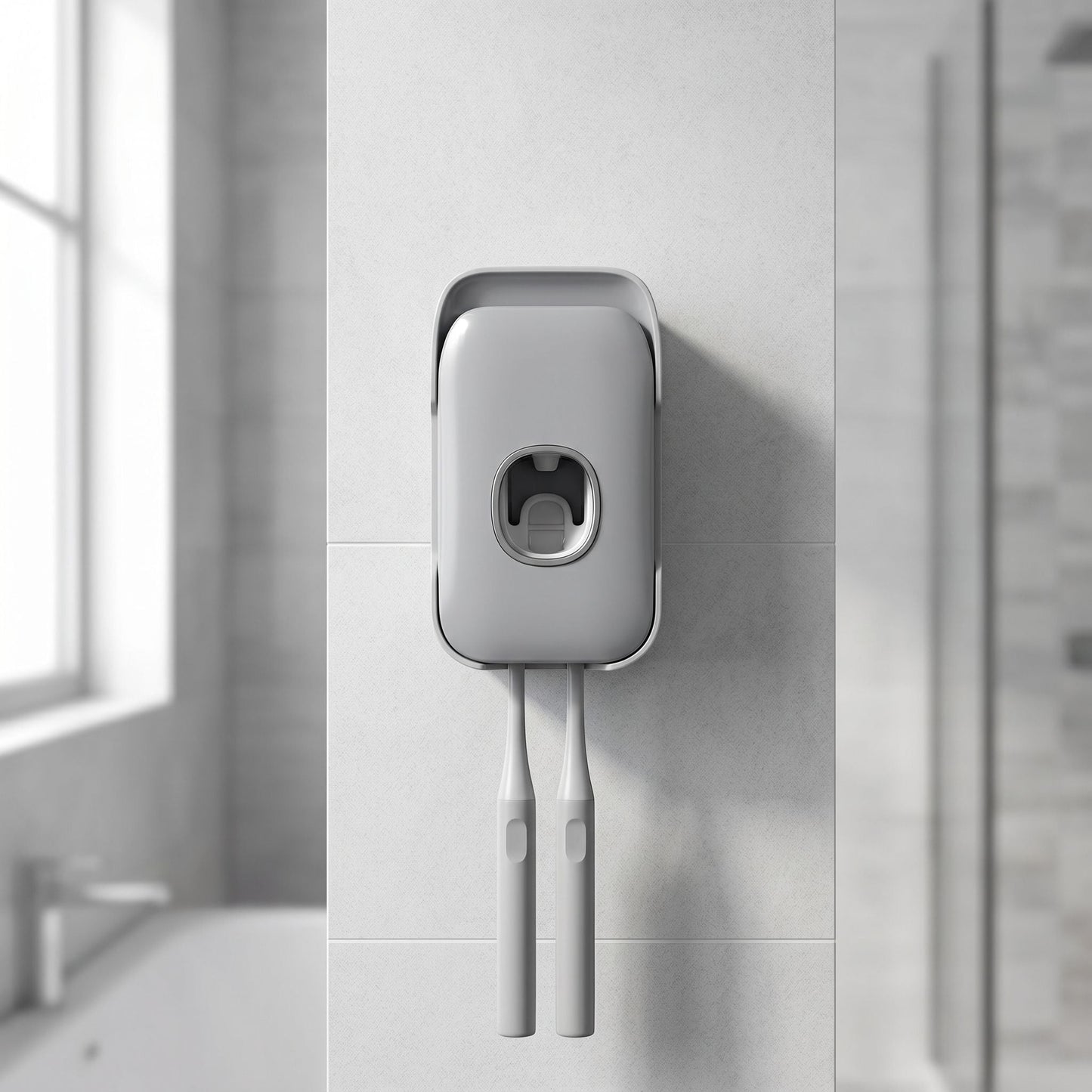 Unbranded white plastic wall-mounted toothpaste dispenser in a minimalistic bathroom setting with natural daylight.