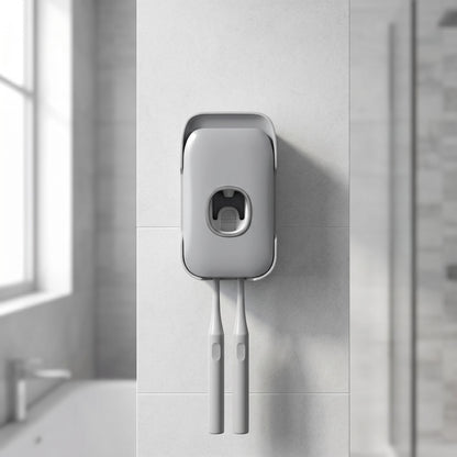 Unbranded white plastic wall-mounted toothpaste dispenser in a minimalistic bathroom setting with natural daylight.