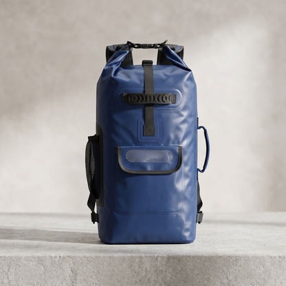 Compact waterproof dry bag backpack in a modern studio setting, highlighting its durable PVC material and practical design for outdoor water activities.