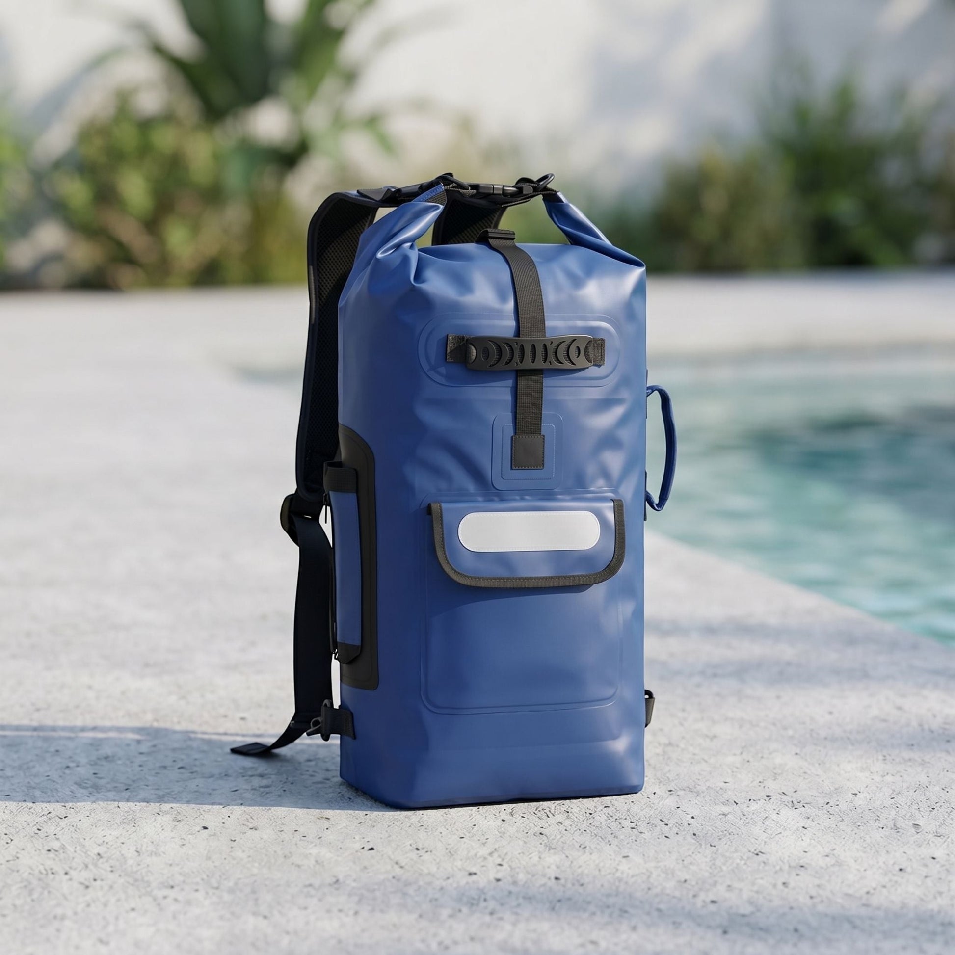 Outdoor scene of waterproof dry bag backpack on sandy beach, emphasizing portability and waterproof features during golden hour lighting.