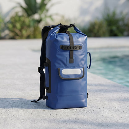 Outdoor scene of waterproof dry bag backpack on sandy beach, emphasizing portability and waterproof features during golden hour lighting.
