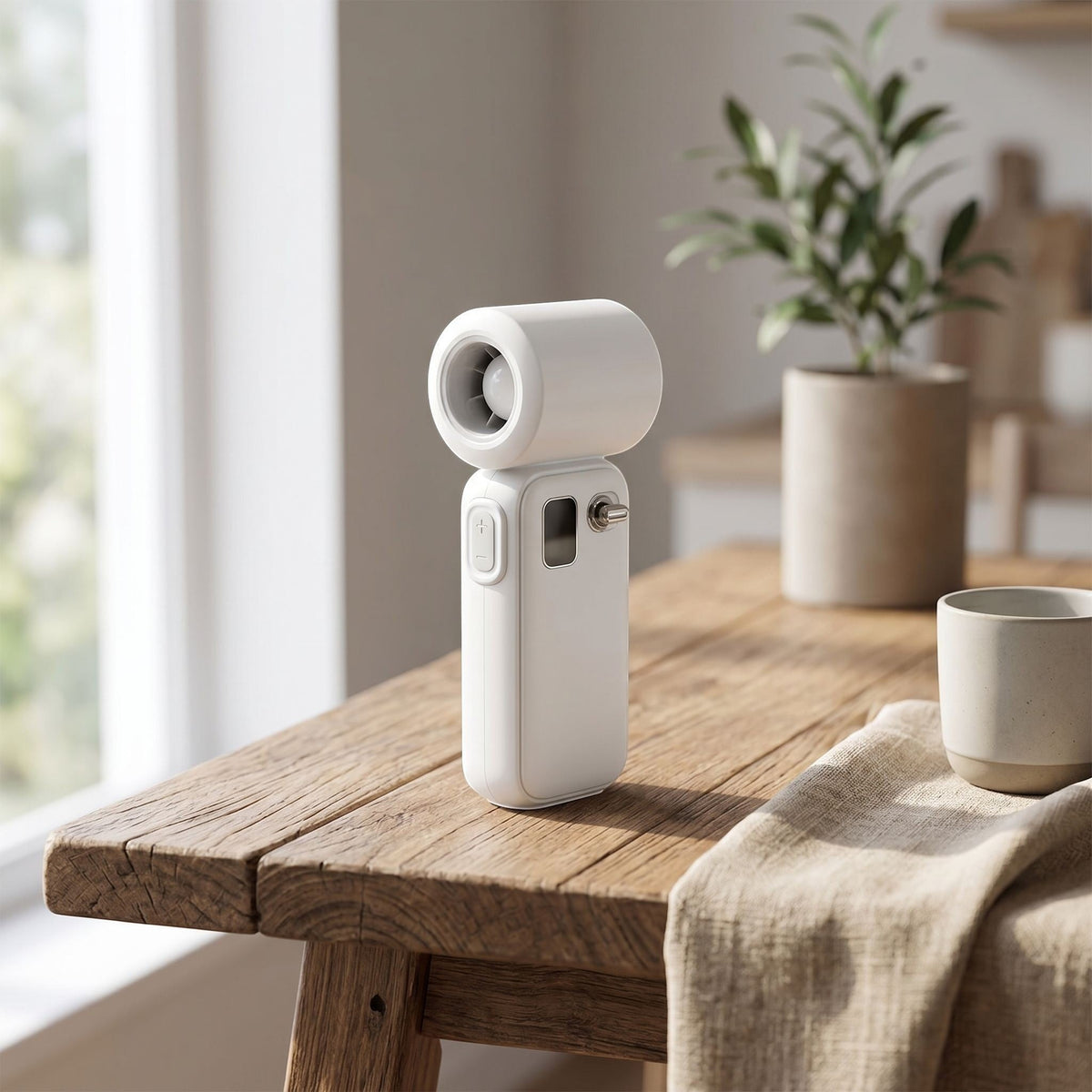White portable turbo fan placed on a rustic wooden table in natural daylight with subtle textured elements.