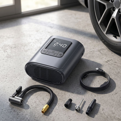 Realistic close-up of unbranded wireless tire inflator on textured surface with natural daylight highlighting its details.