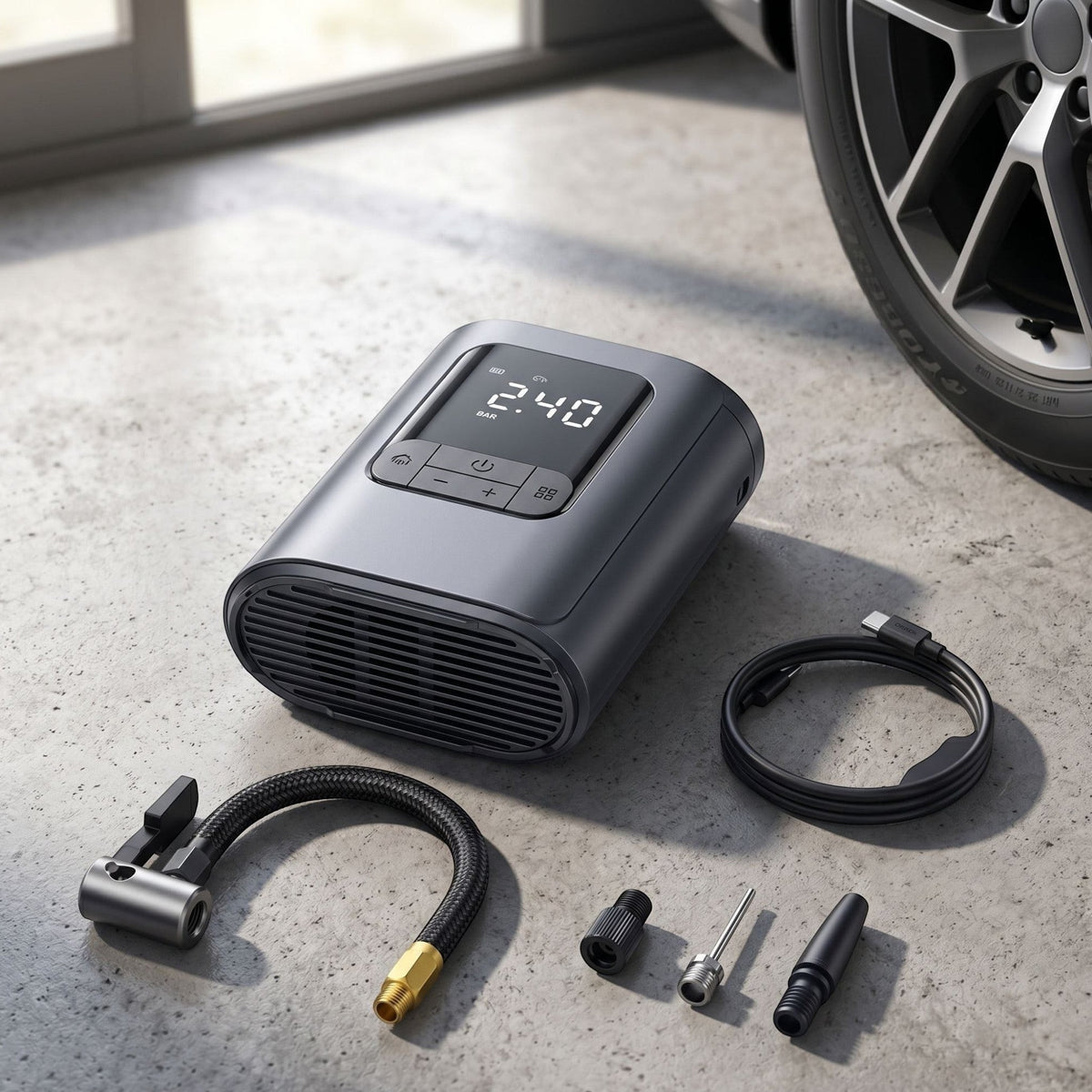 Realistic close-up of unbranded wireless tire inflator on textured surface with natural daylight highlighting its details.