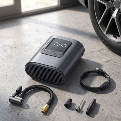 Realistic close-up of unbranded wireless tire inflator on textured surface with natural daylight highlighting its details.