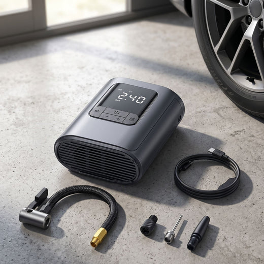Realistic close-up of unbranded wireless tire inflator on textured surface with natural daylight highlighting its details.