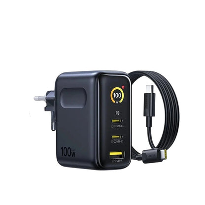 zero2cart 100W GaN fast charger in black with digital display, 2 USB-C ports, 1 USB-A port, and foldable plug.