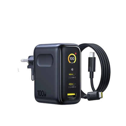 zero2cart 100W GaN fast charger in black with digital display, 2 USB-C ports, 1 USB-A port, and foldable plug.