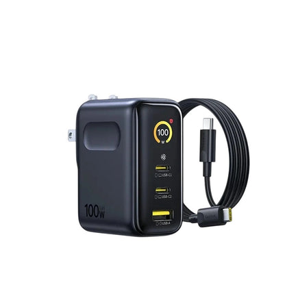 zero2cart 100W GaN fast charger in black with digital display, two USB-C ports, and one USB-A port.