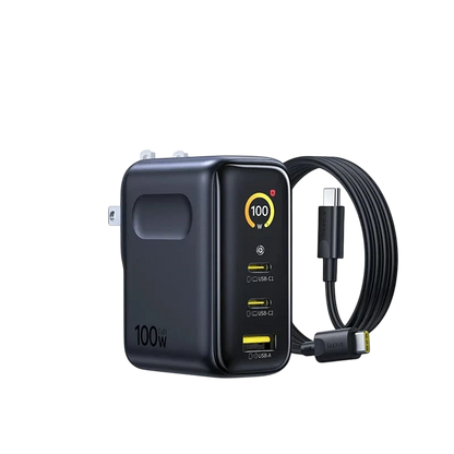 zero2cart 100W GaN fast charger in black with digital display, two USB-C ports, and one USB-A port.