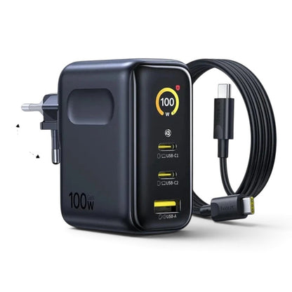 zero2cart 100W GaN fast charger in black with two USB-C ports, one USB-A port, and a real-time digital display.