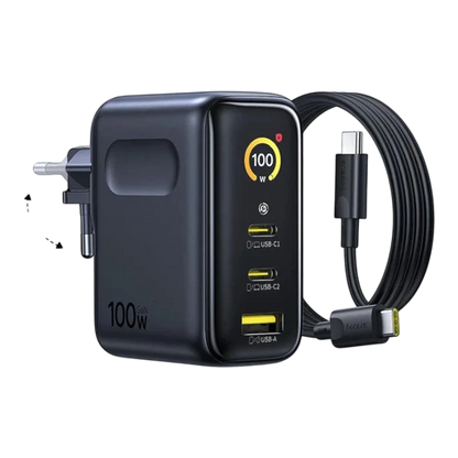 zero2cart 100W GaN fast charger in black with two USB-C ports, one USB-A port, and a real-time digital display.