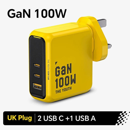 zero2cart 100W GaN fast charger in bright yellow with 2 USB-C and 1 USB-A ports and a UK plug