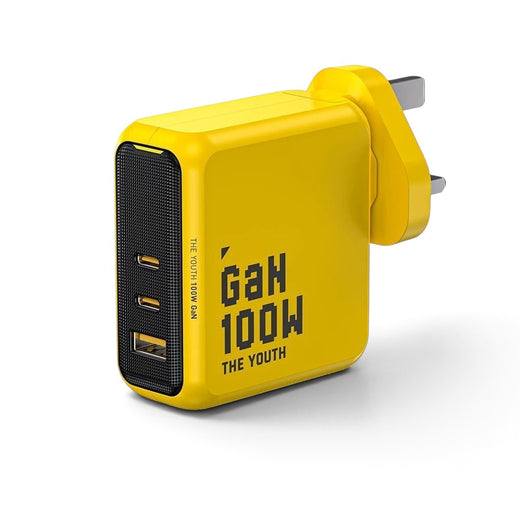 zero2cart 100W GaN fast charger in bright yellow with 2 USB-C and 1 USB-A ports and a UK plug